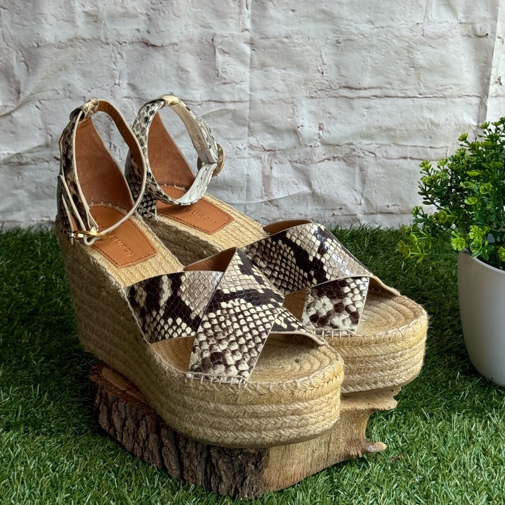 Tory Burch Selby Snake Printed Leather Wedge
Platform Espadrille Sandals 8.5